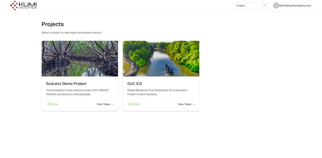 EcoLenz projects page with cards for EcoLenz Demo Project and OxC 2.0